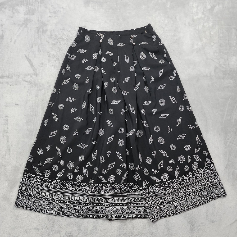 Vintage Leslie Fay Pants Womens L Black Culotte Wide Leg Crop Pleated Tribal